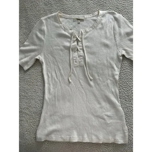 Madewell Ribbed Lace-Up Short-Sleeve Tee Ivory Size M - Picture 4 of 7